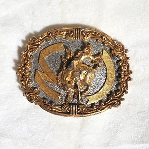VTG TONY LAMA BELT BUCKLE w cowboy on a Bucking Bronc
